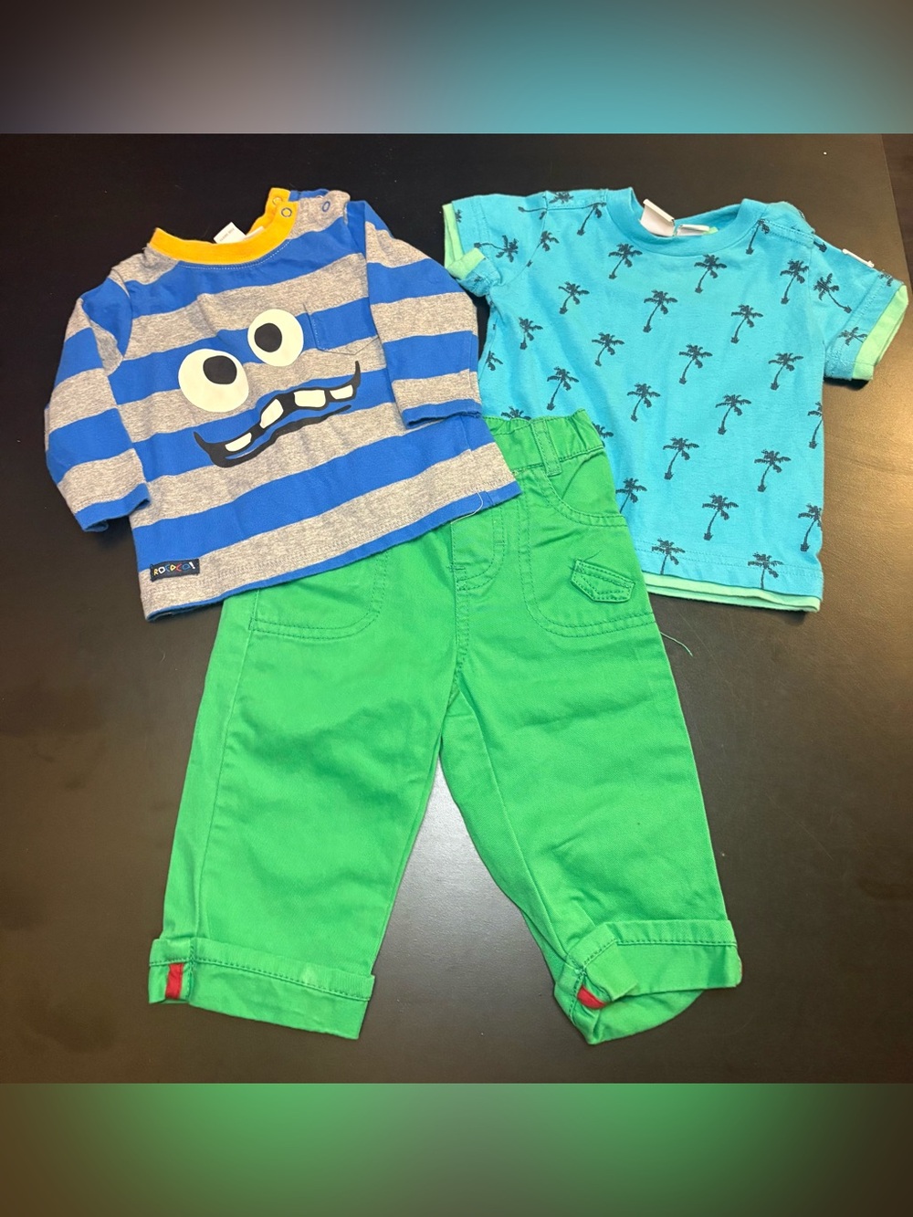 3 pieces set Blue Striped Monster Tee & Teal Palm Tee with Green Pants